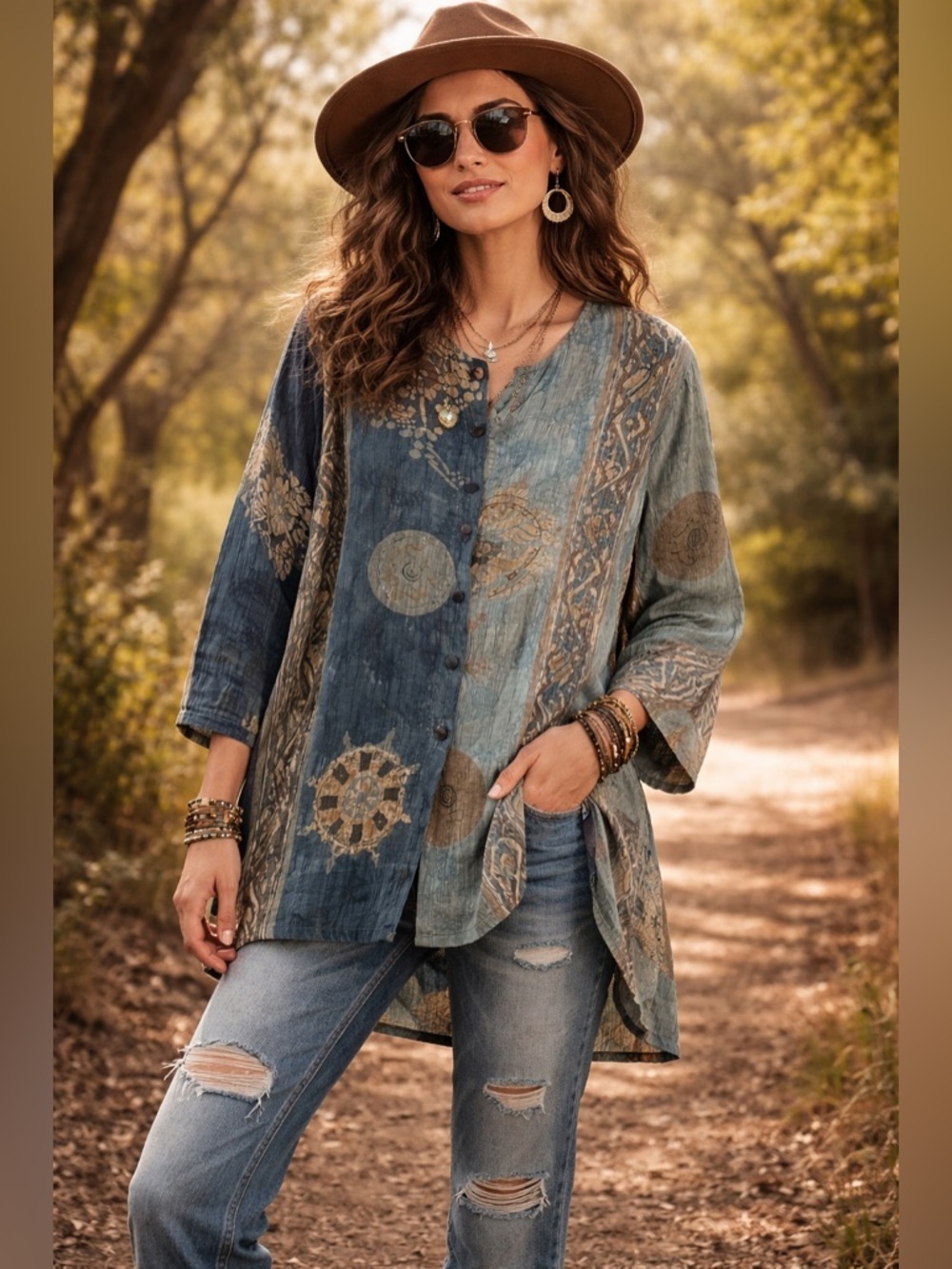 Hilo Hattie Hawaiian Vintage Button tunic Top Gypsy sun art Resortwear tropical